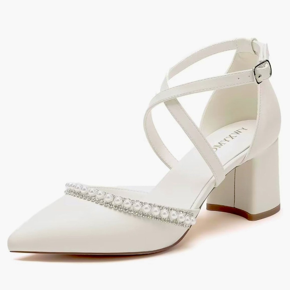 Block Heel Wedding Shoes for Bride Closed Toe Pearl Bridal Shoes *brand new*